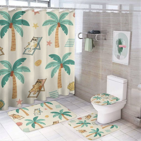 Chilfamy 4PCS Lazy Summer Cats Waterproof Shower Curtain Sets with Hooks,Bathroom Sets with Non-Slip Rugs,Toilet Lid Cover and Bath Mat