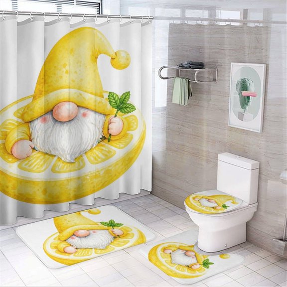 Chilfamy 4PCS Lemon Slice Gnome Illustration Waterproof Shower Curtain Sets with Hooks,Bathroom Sets with Non-Slip Rugs,Toilet Lid Cover and Bath Mat