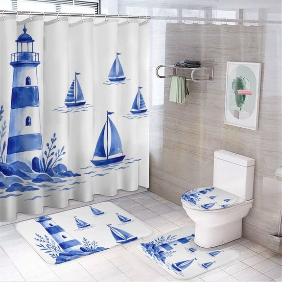 Chilfamy 4PCS Lighthouse With Sailboats Scene Waterproof Shower Curtain Sets with Hooks,Bathroom Sets with Non-Slip Rugs,Toilet Lid Cover and Bath Mat