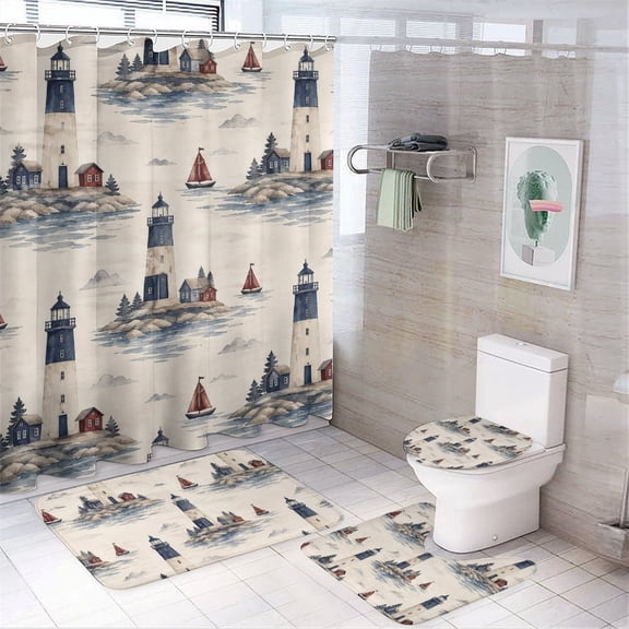 Chilfamy 4PCS Lighthouse Village Nautical Waterproof Shower Curtain Sets with Hooks,Bathroom Sets with Non-Slip Rugs,Toilet Lid Cover and Bath Mat
