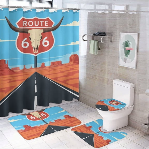 Chilfamy 4PCS Longhorn Skull Route 66 Desert Highway Waterproof Shower Curtain Sets with Hooks,Bathroom Sets with Non-Slip Rugs,Toilet Lid Cover and Bath Mat