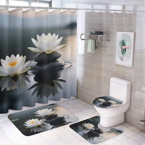 Chilfamy 4PCS Lotus Flowers And Stones Spa Pictures Waterproof Shower Curtain Sets with Hooks,Bathroom Sets with Non-Slip Rugs,Toilet Lid Cover and Bath Mat