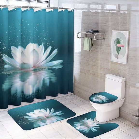 Chilfamy 4PCS Lotus Water Reflection Glow Waterproof Shower Curtain Sets with Hooks,Bathroom Sets with Non-Slip Rugs,Toilet Lid Cover and Bath Mat