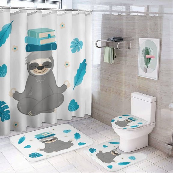 Chilfamy 4PCS Meditating Sloth Books Yoga Zen Waterproof Shower Curtain Sets with Hooks,Bathroom Sets with Non-Slip Rugs,Toilet Lid Cover and Bath Mat