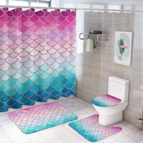 Chilfamy 4PCS Mermaid Waterproof Shower Curtain Sets with Hooks,Bathroom Sets with Non-Slip Rugs,Toilet Lid Cover and Bath Mat