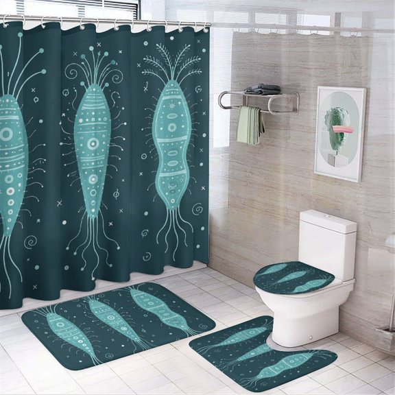 Chilfamy 4PCS Microbe Trio Art Waterproof Shower Curtain Sets with Hooks,Bathroom Sets with Non-Slip Rugs,Toilet Lid Cover and Bath Mat