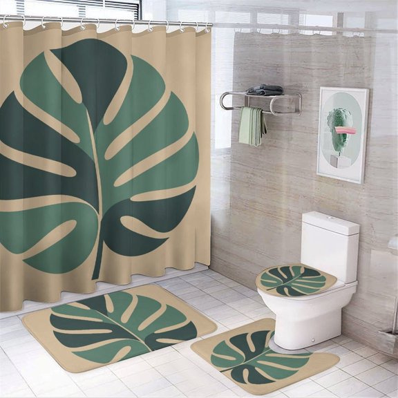 Chilfamy 4PCS Minimal Monstera Leaf Graphic Waterproof Shower Curtain Sets with Hooks,Bathroom Sets with Non-Slip Rugs,Toilet Lid Cover and Bath Mat