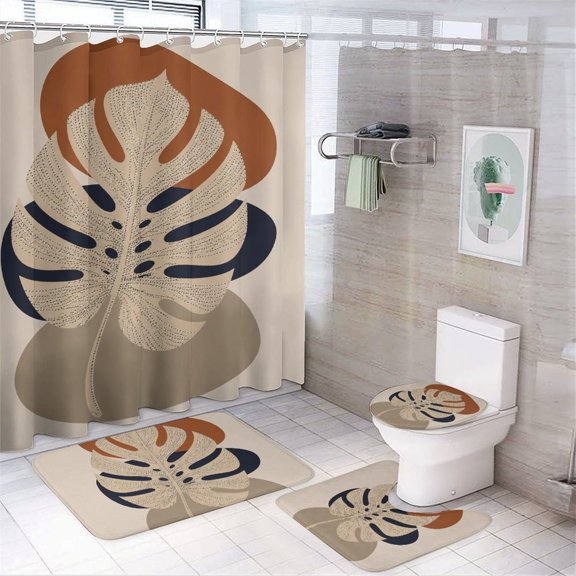 Chilfamy 4PCS Monstera Leaf Art Waterproof Shower Curtain Sets with Hooks,Bathroom Sets with Non-Slip Rugs,Toilet Lid Cover and Bath Mat