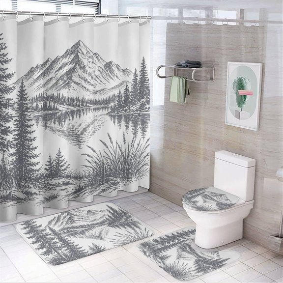 Chilfamy 4PCS Mountain Lake With Pine Trees Waterproof Shower Curtain Sets with Hooks,Bathroom Sets with Non-Slip Rugs,Toilet Lid Cover and Bath Mat