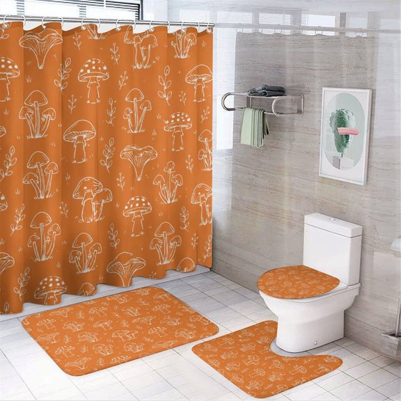 Chilfamy 4PCS Mushroom Plant Outline Pattern Orange Waterproof Shower Curtain Sets with Hooks,Bathroom Sets with Non-Slip Rugs,Toilet Lid Cover and Bath Mat