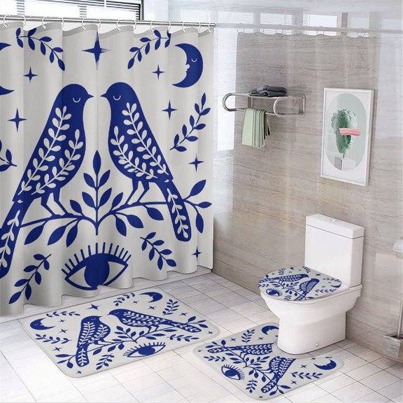 Chilfamy 4PCS Mystical Love Birds Eye Stars Waterproof Shower Curtain Sets with Hooks,Bathroom Sets with Non-Slip Rugs,Toilet Lid Cover and Bath Mat