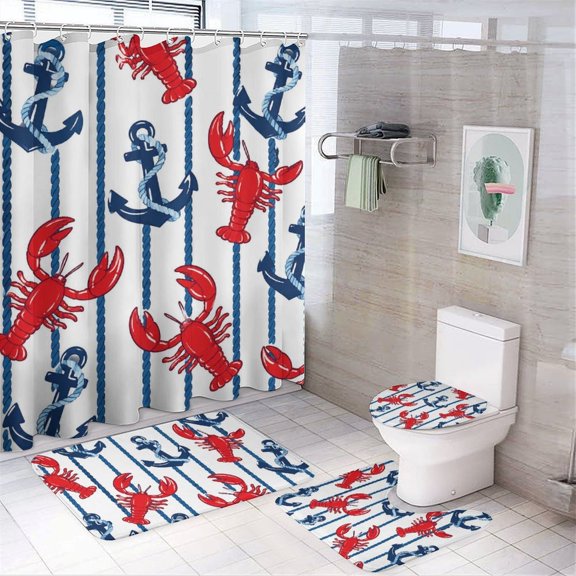 Chilfamy 4PCS Nautical Lobsters And Anchors Pattern Waterproof Shower Curtain Sets with Hooks,Bathroom Sets with Non-Slip Rugs,Toilet Lid Cover and Bath Mat