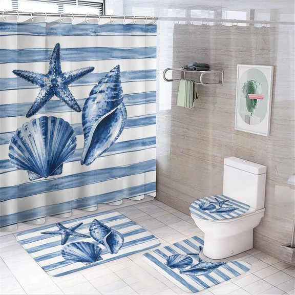Chilfamy 4PCS Nautical Shells Starfish Waterproof Shower Curtain Sets with Hooks,Bathroom Sets with Non-Slip Rugs,Toilet Lid Cover and Bath Mat