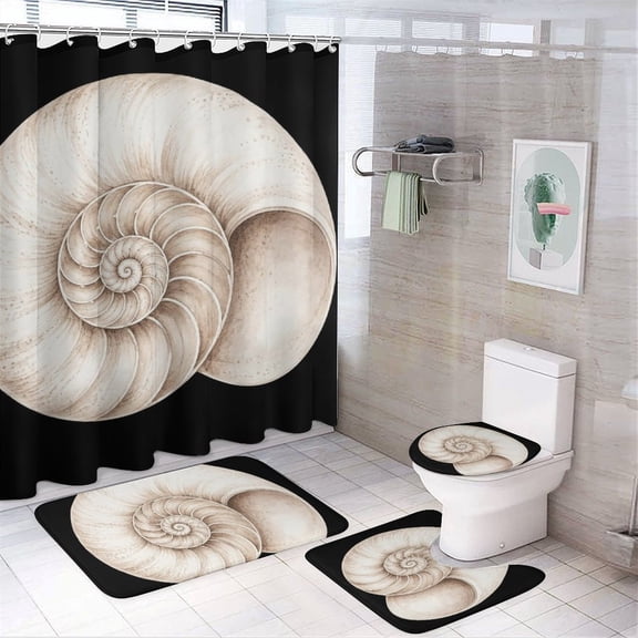 Chilfamy 4PCS Nautilus Shell Cross Section Waterproof Shower Curtain Sets with Hooks,Bathroom Sets with Non-Slip Rugs,Toilet Lid Cover and Bath Mat
