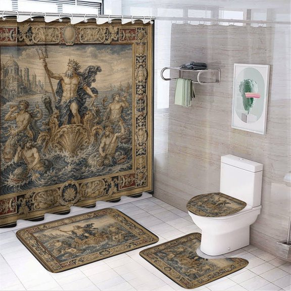 Chilfamy 4PCS Neptune Classical Tapestry Waterproof Shower Curtain Sets with Hooks,Bathroom Sets with Non-Slip Rugs,Toilet Lid Cover and Bath Mat