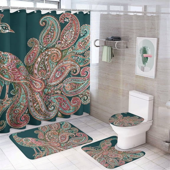 Chilfamy 4PCS Paisley Peacock Teal Art Waterproof Shower Curtain Sets with Hooks,Bathroom Sets with Non-Slip Rugs,Toilet Lid Cover and Bath Mat