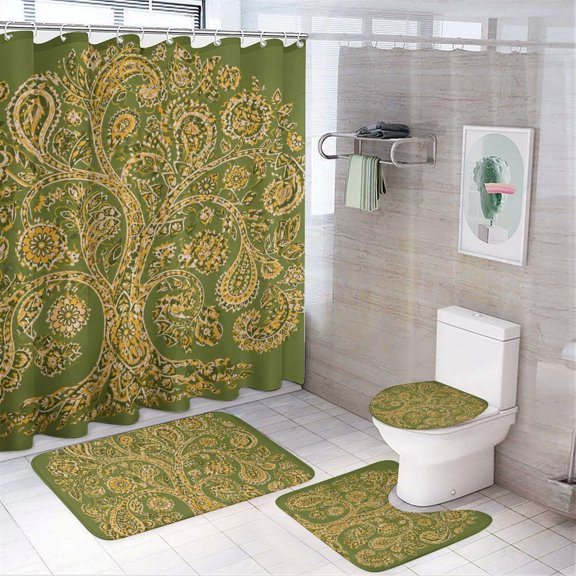 Chilfamy 4PCS Paisley Tree Of Life Artwork Waterproof Shower Curtain Sets with Hooks,Bathroom Sets with Non-Slip Rugs,Toilet Lid Cover and Bath Mat