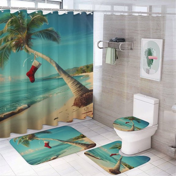 Chilfamy 4PCS Palm Tree Beach Waterproof Shower Curtain Sets with Hooks,Bathroom Sets with Non-Slip Rugs,Toilet Lid Cover and Bath Mat