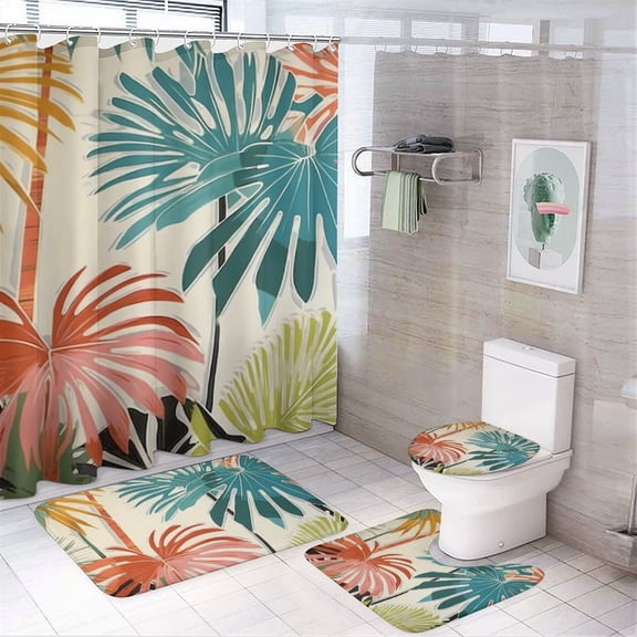 Chilfamy 4PCS Palm Trees Tropical Colorful Waterproof Shower Curtain Sets with Hooks,Bathroom Sets with Non-Slip Rugs,Toilet Lid Cover and Bath Mat