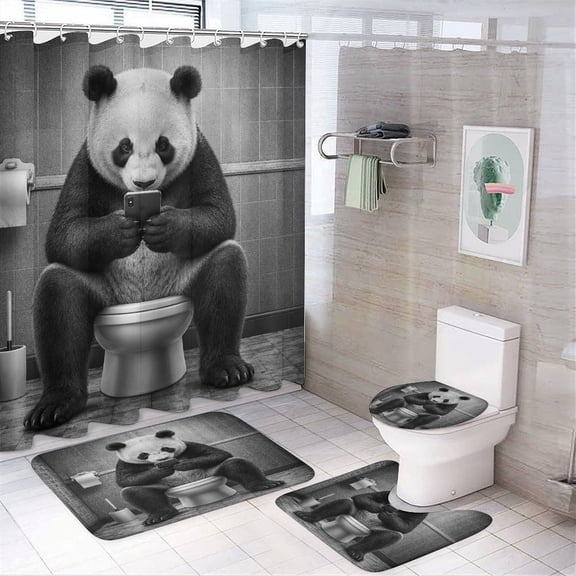 Chilfamy 4PCS Panda Selfie Toilet Dark Tiles Waterproof Shower Curtain Sets with Hooks,Bathroom Sets with Non-Slip Rugs,Toilet Lid Cover and Bath Mat