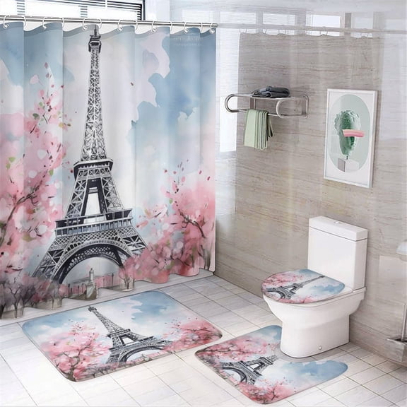 Chilfamy 4PCS Paris Tower Pink Flowers Blue Sky Waterproof Shower Curtain Sets with Hooks,Bathroom Sets with Non-Slip Rugs,Toilet Lid Cover and Bath Mat