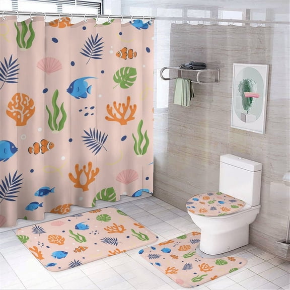 Chilfamy 4PCS Pastel Coral Reef Waterproof Shower Curtain Sets with Hooks,Bathroom Sets with Non-Slip Rugs,Toilet Lid Cover and Bath Mat