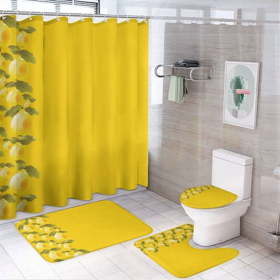 Chilfamy 4PCS Pear Border Yellow Waterproof Shower Curtain Sets with Hooks,Bathroom Sets with Non-Slip Rugs,Toilet Lid Cover and Bath Mat