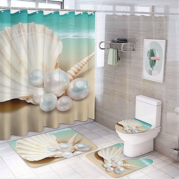 Chilfamy 4PCS Pearl Shell Beach Waterproof Shower Curtain Sets with Hooks,Bathroom Sets with Non-Slip Rugs,Toilet Lid Cover and Bath Mat