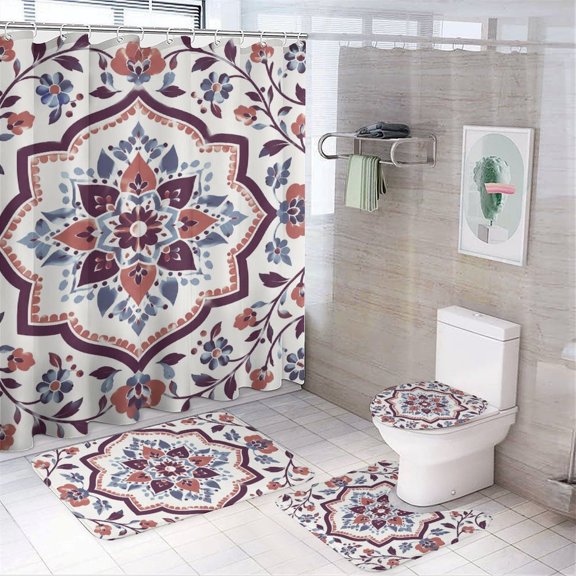 Chilfamy 4PCS Persian Floral Arch Medallion Waterproof Shower Curtain Sets with Hooks,Bathroom Sets with Non-Slip Rugs,Toilet Lid Cover and Bath Mat