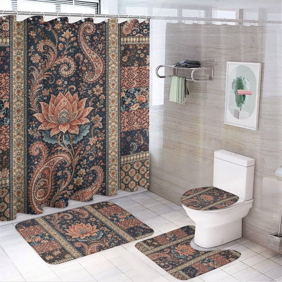 Chilfamy 4PCS Persian Floral Paisley Dark Pattern Waterproof Shower Curtain Sets with Hooks,Bathroom Sets with Non-Slip Rugs,Toilet Lid Cover and Bath Mat