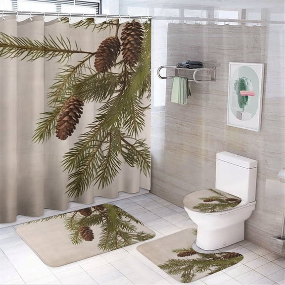 Chilfamy 4PCS Pine Cone Branch Waterproof Shower Curtain Sets with Hooks,Bathroom Sets with Non-Slip Rugs,Toilet Lid Cover and Bath Mat