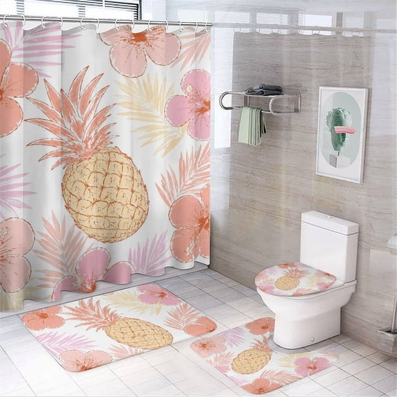 Chilfamy 4PCS Pineapple Hibiscus Pink Waterproof Shower Curtain Sets with Hooks,Bathroom Sets with Non-Slip Rugs,Toilet Lid Cover and Bath Mat