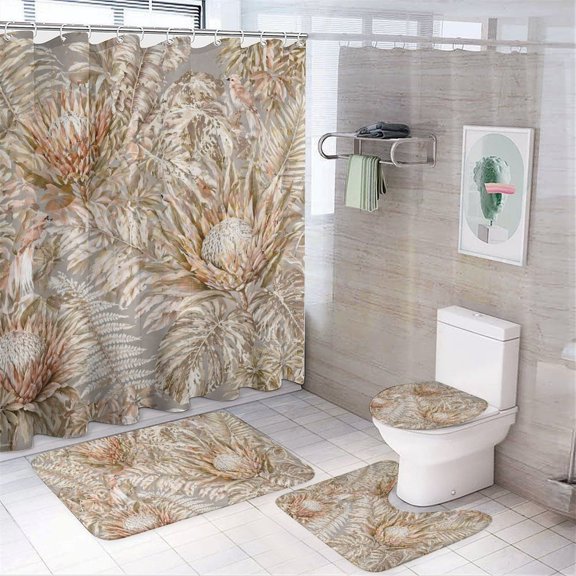 Chilfamy 4PCS Protea Birds Jungle Pattern Waterproof Shower Curtain Sets with Hooks,Bathroom Sets with Non-Slip Rugs,Toilet Lid Cover and Bath Mat