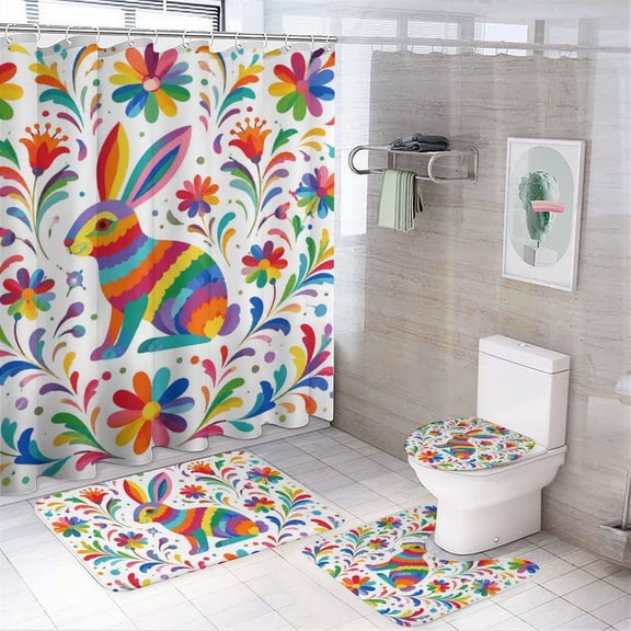Chilfamy 4PCS Rainbow Rabbit Floral Alebrije Waterproof Shower Curtain Sets with Hooks,Bathroom Sets with Non-Slip Rugs,Toilet Lid Cover and Bath Mat