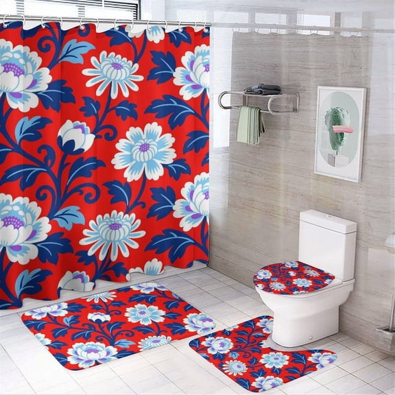 Chilfamy 4PCS Red And Blue Chinoiserie Floral Waterproof Shower Curtain Sets with Hooks,Bathroom Sets with Non-Slip Rugs,Toilet Lid Cover and Bath Mat
