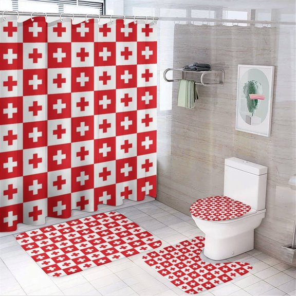 Chilfamy 4PCS Red White Cross Checkered Waterproof Shower Curtain Sets with Hooks,Bathroom Sets with Non-Slip Rugs,Toilet Lid Cover and Bath Mat