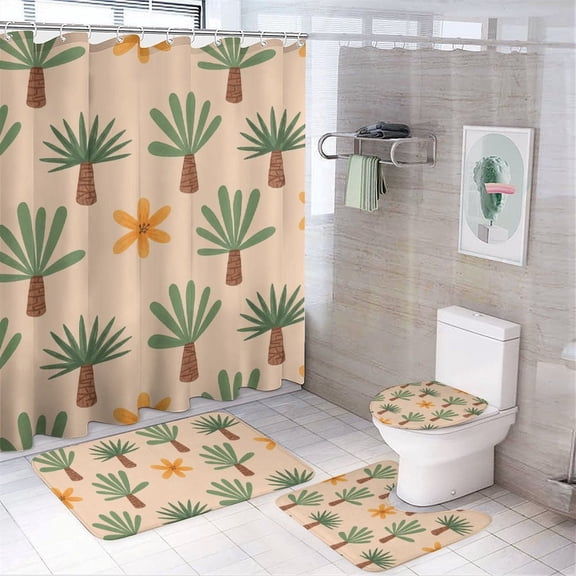 Chilfamy 4PCS Retro Oasis Breeze Waterproof Shower Curtain Sets with Hooks,Bathroom Sets with Non-Slip Rugs,Toilet Lid Cover and Bath Mat