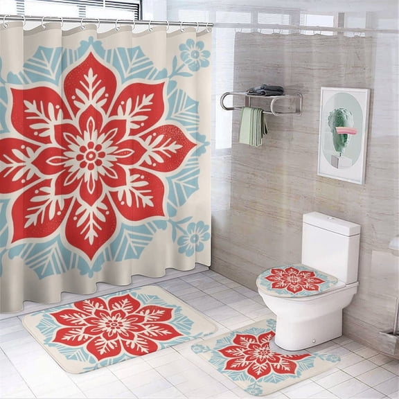 Chilfamy 4PCS Round Mandala Waterproof Shower Curtain Sets with Hooks,Bathroom Sets with Non-Slip Rugs,Toilet Lid Cover and Bath Mat