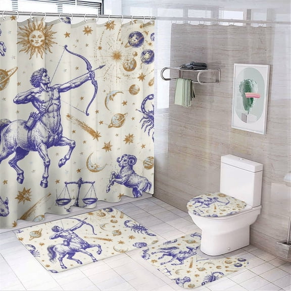 Chilfamy 4PCS Sagittarius And Zodiac Symbols Waterproof Shower Curtain Sets with Hooks,Bathroom Sets with Non-Slip Rugs,Toilet Lid Cover and Bath Mat