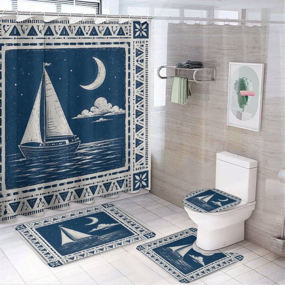 Chilfamy 4PCS Sailboat Moon Night Block Print Waterproof Shower Curtain Sets with Hooks,Bathroom Sets with Non-Slip Rugs,Toilet Lid Cover and Bath Mat