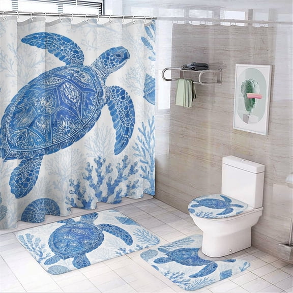 Chilfamy 4PCS Sea Turtle Shell Pattern Waterproof Shower Curtain Sets with Hooks,Bathroom Sets with Non-Slip Rugs,Toilet Lid Cover and Bath Mat