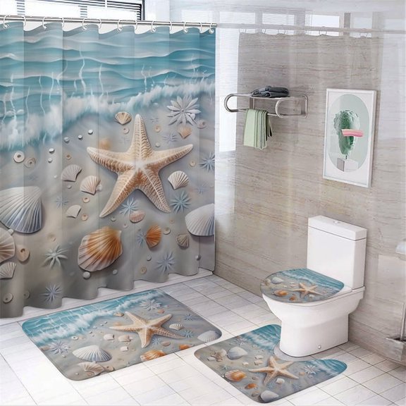 Chilfamy 4PCS Shell Starfish Waterproof Shower Curtain Sets with Hooks,Bathroom Sets with Non-Slip Rugs,Toilet Lid Cover and Bath Mat