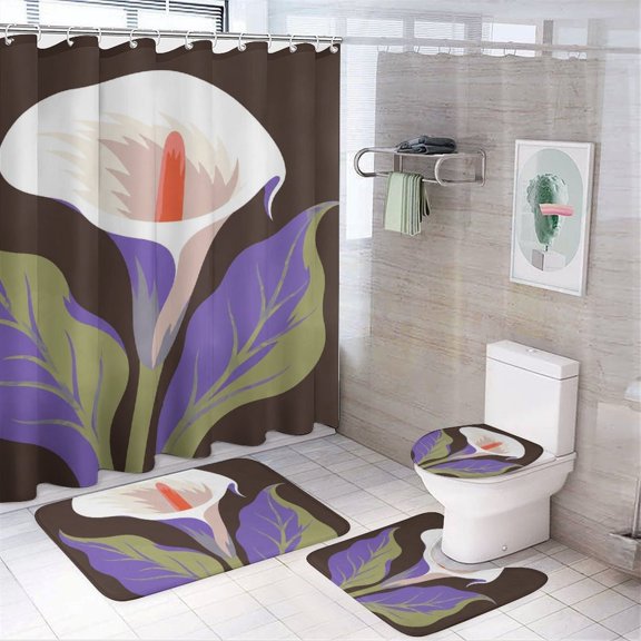 Chilfamy 4PCS Single Calla Lily Bloom Waterproof Shower Curtain Sets with Hooks,Bathroom Sets with Non-Slip Rugs,Toilet Lid Cover and Bath Mat