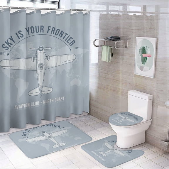 Chilfamy 4PCS Sky Frontier Aviation Club Waterproof Shower Curtain Sets with Hooks,Bathroom Sets with Non-Slip Rugs,Toilet Lid Cover and Bath Mat