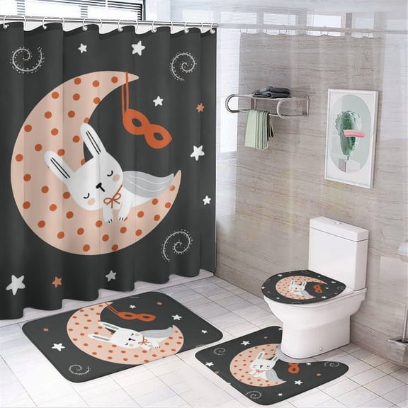 Chilfamy 4PCS Sleeping Superhero Bunny on Moon Waterproof Shower Curtain Sets with Hooks,Bathroom Sets with Non-Slip Rugs,Toilet Lid Cover and Bath Mat