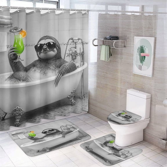 Chilfamy 4PCS Sloth Bathtub Cocktail Sunglasses Waterproof Shower Curtain Sets with Hooks,Bathroom Sets with Non-Slip Rugs,Toilet Lid Cover and Bath Mat
