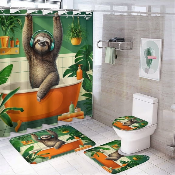 Chilfamy 4PCS Sloth Hanging On Shower Rod Waterproof Shower Curtain Sets with Hooks,Bathroom Sets with Non-Slip Rugs,Toilet Lid Cover and Bath Mat