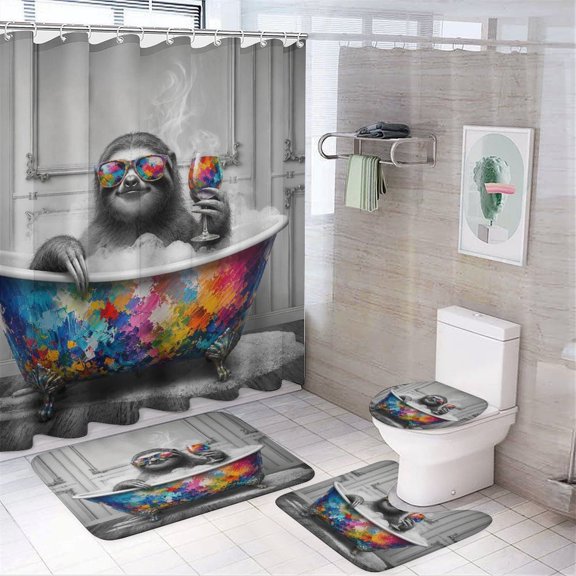 Chilfamy 4PCS Sloth Soaking in Painted Bathtub Waterproof Shower Curtain Sets with Hooks,Bathroom Sets with Non-Slip Rugs,Toilet Lid Cover and Bath Mat