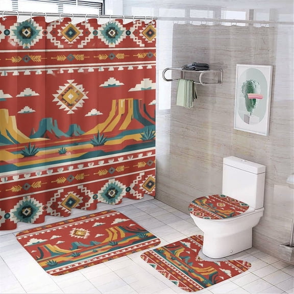 Chilfamy 4PCS Southwest Desert Border Waterproof Shower Curtain Sets with Hooks,Bathroom Sets with Non-Slip Rugs,Toilet Lid Cover and Bath Mat