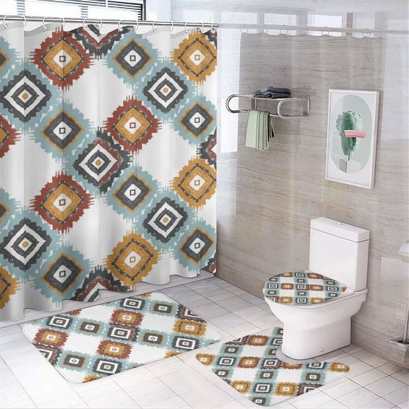 Chilfamy 4PCS Southwestern Earthy Tribal Ikat Waterproof Shower Curtain Sets with Hooks,Bathroom Sets with Non-Slip Rugs,Toilet Lid Cover and Bath Mat